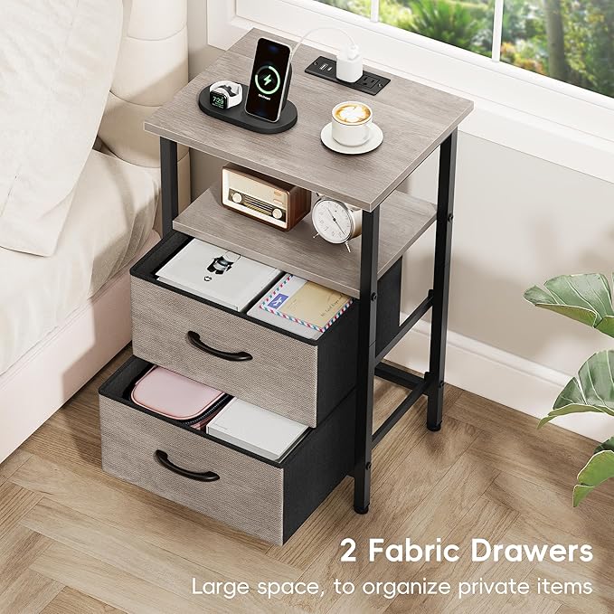 Vagusicc Nightstand with Charging Station, LED Night Stand with 2 Fabric Drawers, Bedside Table with Storage Shelf, 24.2" Tall Bed Side Table with USB Ports and Outlets for Bedroom, Greige