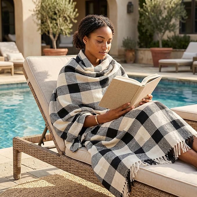 Americanflat 50x60 Throw Blanket - Soft and Breathable Cotton Throw Blanket for Couch, Bed, Chair - Decorative Blankets Perfect for Home, Office, or Outdoor Use - Black, Cream and Beige Plaid Design