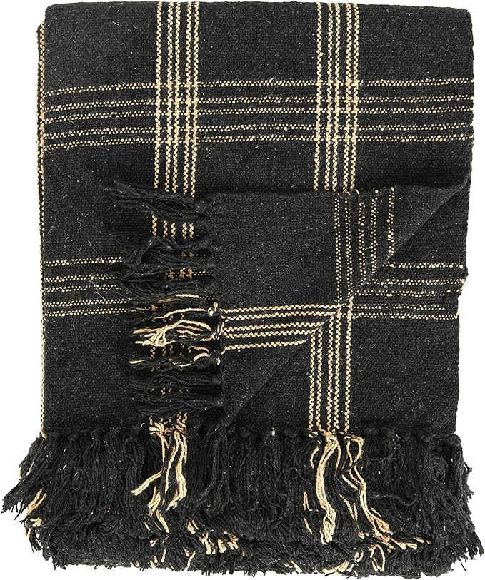 Plaid Black & Tan Fringed Woven Cotton Blend Throw