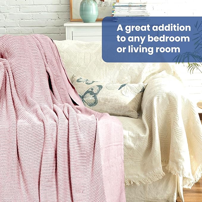 Linteum Textile Supply Leno Weave Rose Blanket, Queen 100% Cotton, Lightweight, Warm, Fluffy, Premium and Durable Soft & Cozy Bed Blanket for Home, Couch, Sofa & Dorm, All Season Throw [90x90]