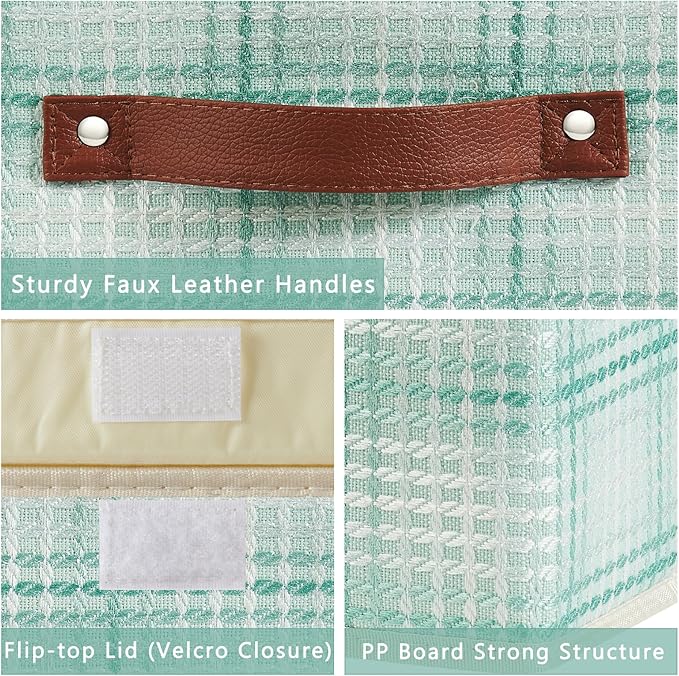 Storage Boxes with Lid 3D Textured Fabric Storage Bins Closet Organizer Containers Decorative Collapsible Washable Shelf Baskets with Faux Leather Handles (Mint Green, Small Size)