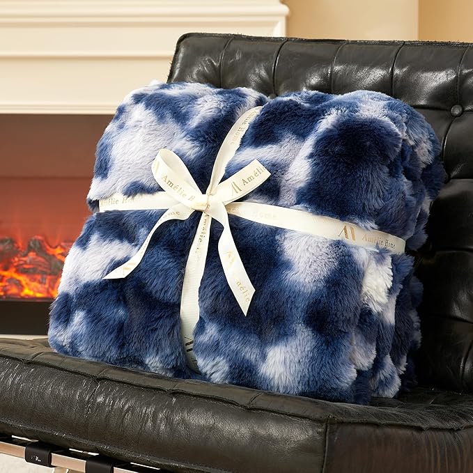 Amélie Home Faux Fur Throw Blanket for Couch, Ultra Soft Fuzzy Plush Bubble Throw for Sofa, Living Room & Home Decor, 50"x60", Tie-dye Blue