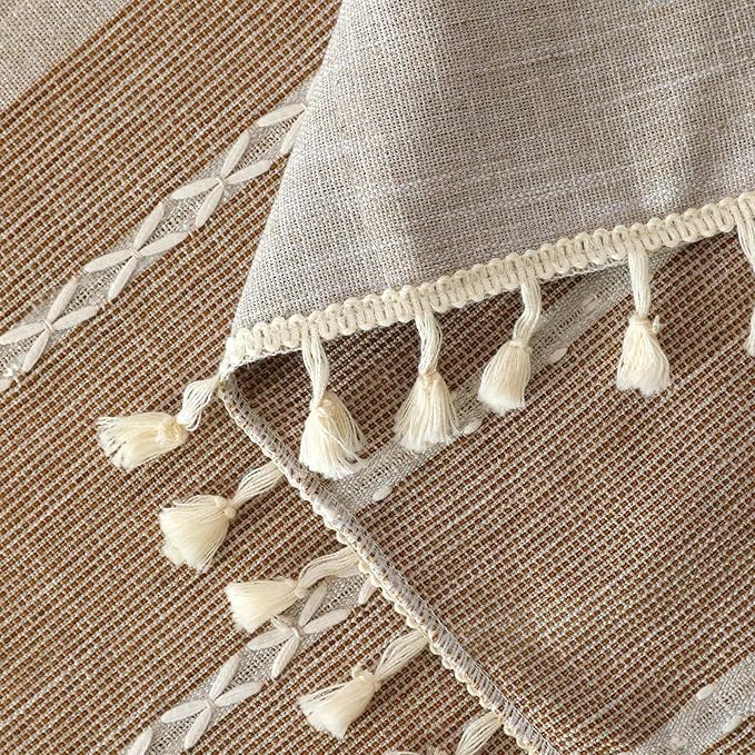 SIELUNO Rustic Farmhouse Rectangle Coffee Table Cover - Cotton Linen Waterproof Cloth With Pockets and Tassel for Living Room Decoration - Coffee Stripes - 24x64 Inch