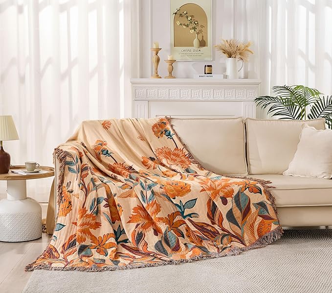 Fall Boho Throw Blanket for Couch Sofa 90"x98",100% Cotton Muslin Throw Blanket for Bed,Ultra Soft 4-Layers Woven Blanket with Floral Printed for All Season,Farmhouse Throws Bed Chair Cover