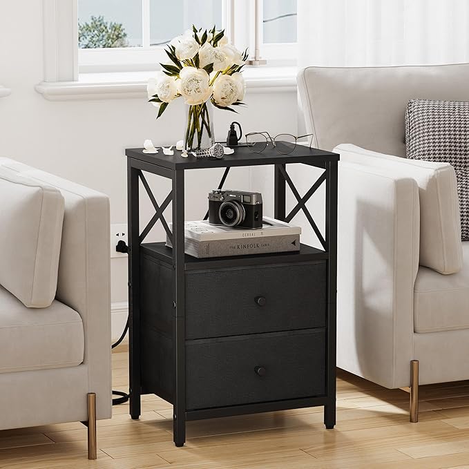 Nightstands Set of 2, Night Stand with Charging Station, Small Bedside Table with Storage Shelf, End Table with USB Ports & Outlets, with Fabric Drawers, for Couch, Bedroom(Black) LET105B-2