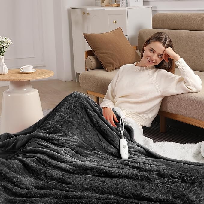 Electric Blanket Twin Heated Blanket 62''X84'' - Heating Blanket Soft Plush Sherpa with 5 Heating Level & 10 Hour Auto Off, ETL Certified & Overheat Protection, Warm Gifts for Grandma(Charcoal Grey)