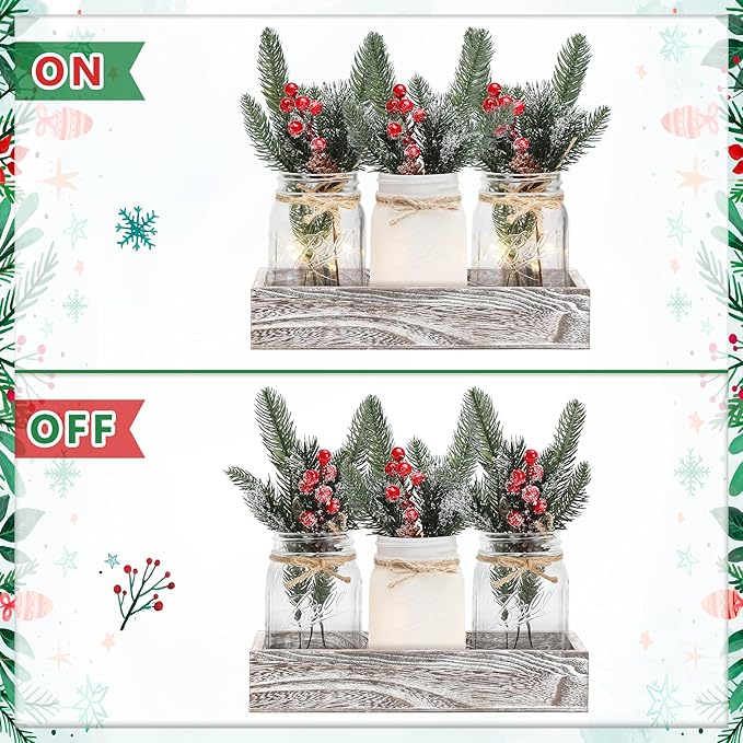 Winter Mason Jar Centerpiece for Table with LED Lights & Artificial Plants, Set of 3 Farmhouse Decorative Mason Jars for Christmas Home Decor, Winter Kitchen Dining Table Centerpiece