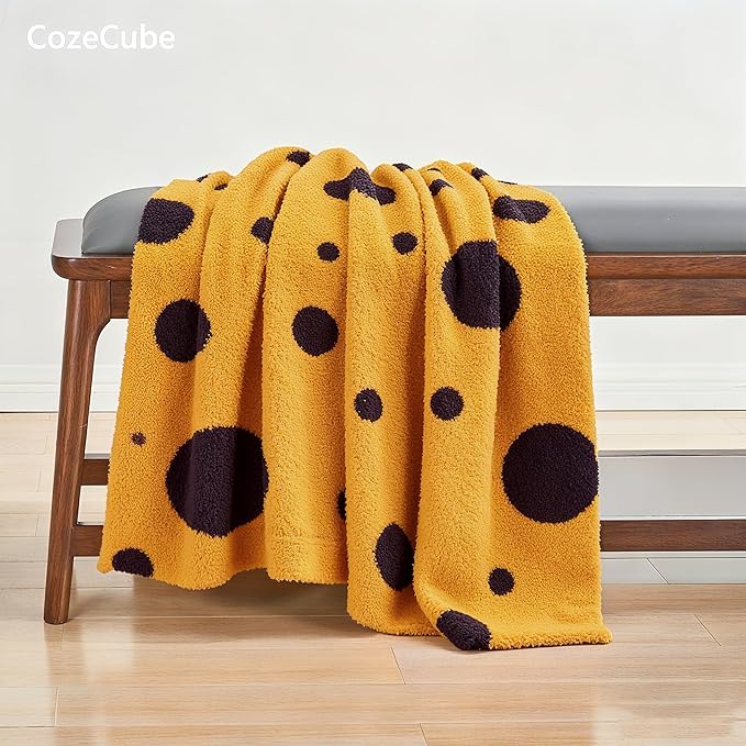CozeCube Super Soft Fullfy Microfiber Reversible Knitted Blankets, Warm Cozy Fuzzy Plush Throw, Black and Yellow Polka Dot Throw Blanket for Couch Bed Sofa, 60" x 80"