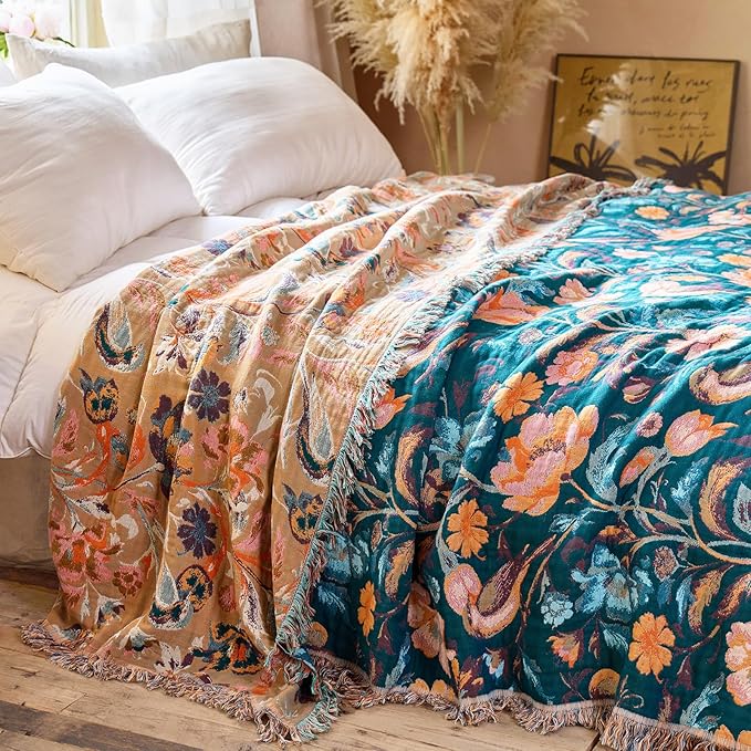 Boho Throw Blanket - 100% Cotton Ultra Soft Muslin Blanket, 50"x60" Lightweight Floral Bird Framhouse Bedding Spring Blanket for Bed, All Season Green Bohemian Bedroom Home Decor Quilt
