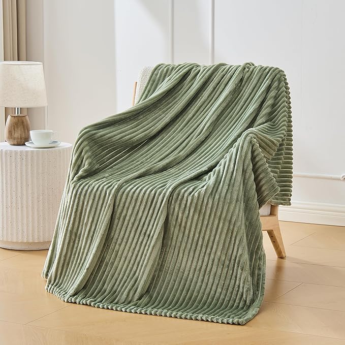 Bnuitland Sage Green Fleece Throw Blanket for Couch, 300GSM Soft Warm Cozy Fluffy Throw for Adults & Kids, Stripe Pattern 50"x60", All Season Sofa Bed Blanket for Home Decor