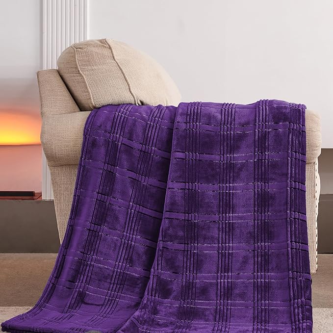 Super Soft Flannel Throw Blanket 50x60 Inches, Premium Checkered Jacquaed Silky Fleece Lightweight Bed Blanket All Season Use, Pueple Strip, 50"x60"