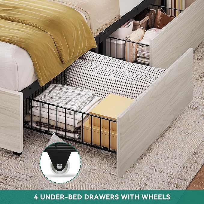 DWVO Queen Size Bed Frame with Bookcase Headboard and 4 Storage Drawers, RGB LED Bed Frame with Type-C & USB Charging Station Storage Headboard Bed, No Box Spring Needed, Noise Free, White Oak