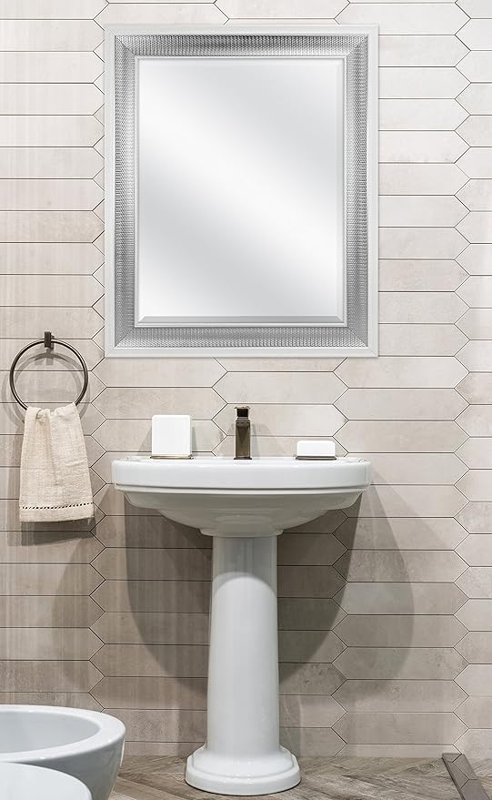 MCS 28.5x34.5 Large Wall Mirror, White Frame with Woven Silver Detail & Beveled Detail Mirror, Vertical & Horizontal Wall Hanging Mirror for Bathroom, Bedroom & Livingroom