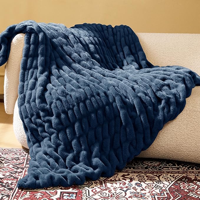 Faux Fur Blanket, Throw Blanket for Couch, Fluffy Blanket with Stretch Ruched Design, Ultra Soft Giftable Home Decor, 50x60 inches, Blue