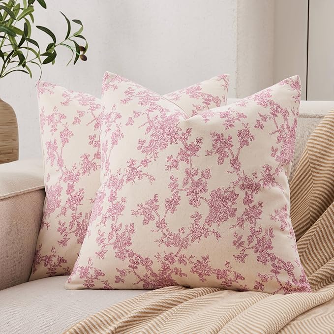 100% Cotton French Pastoral Throw Pillow Covers Set of 2, 22x22 Inch Pink Farmhouse Decorative Cushion Covers for Sofa Bed Living Room Home Decor