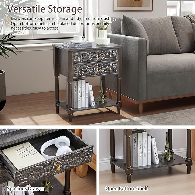 Nightstand, Farmhouse Bedside Table with 2 Drawers and Open Shelf, Wood Sofa Side Table End Table Accent Dresser for Bedroom, Living Room (with Shelf, Black Brown)