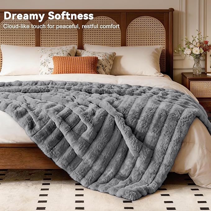 Faux Fur Twin Blanket for Couch,Cozy Soft Plush Thick Striped Luxury Blanket for Sofa Living Room Bedroom,60 * 80 Inches, Grey
