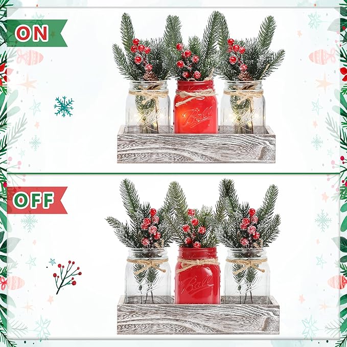 Winter Mason Jar Centerpiece for Table with LED Lights & Artificial Plants, Set of 3 Decorative Red Mason Jars for Christmas Home Decor, Kitchen Dining Table Centerpiece