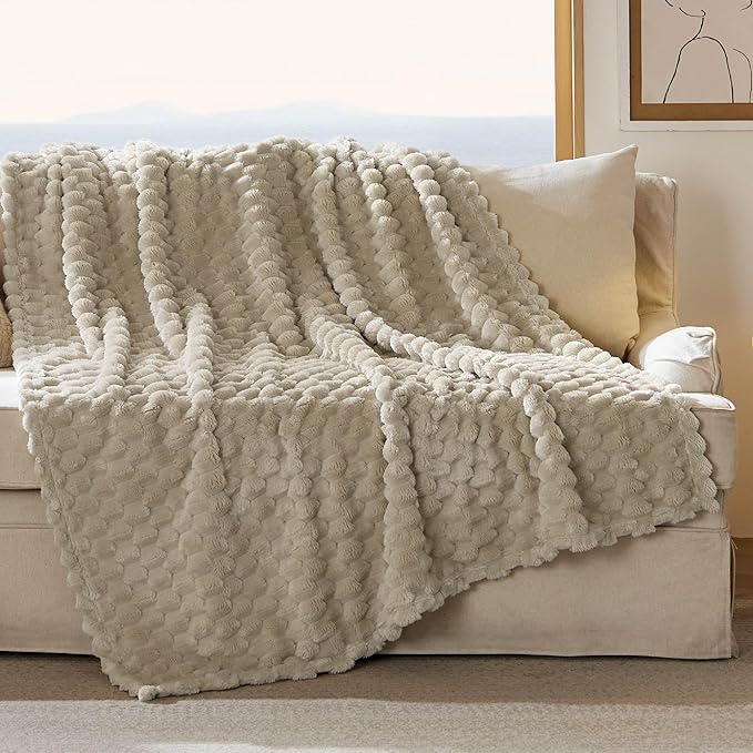 Bedsure Large Throw Blanket for Couch - 350GSM Fluffy Plush Bubble Blanket for Bed Home Room Decor, GentleSoft Cute Fleece Soft Cozy Gifts for Women Girls, Beige, 50x70 Inches