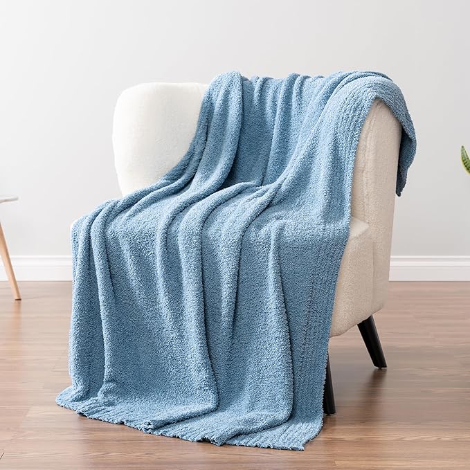 PAVILIA Super Soft Throw Blanket for Couch, Fluffy Cozy Lightweight Light Blue Blanket, Large Fuzzy Warm Knit Blanket for Bed Sofa, Slate Blue, 60x80