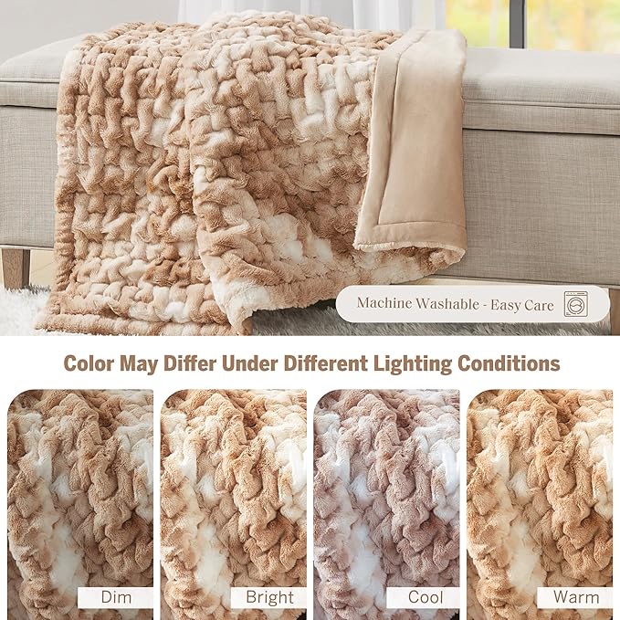 Madison Park Faux Fur Throw, Luxurious Ruched Texture, Fuzzy Warm, Plush Mink-Like Reverse, All Season, Lightweight & Cozy Blanket-Throw for Sofa, Couch, Living Room & Office 50" x 60" Tan Tie Dye