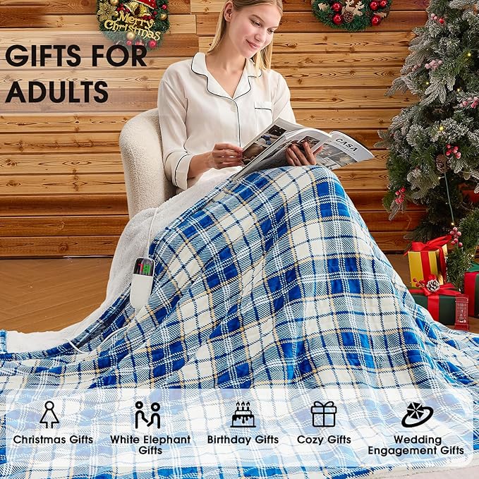 OCTROT Heated Blanket Electric Throw 50X60 Heating Throw with 10 Levels 8 Hours Auto Off, Blue Plaid Sherpa Blanket Winter Warmer, for Mom Women, Home Decor for Couch Bed Office