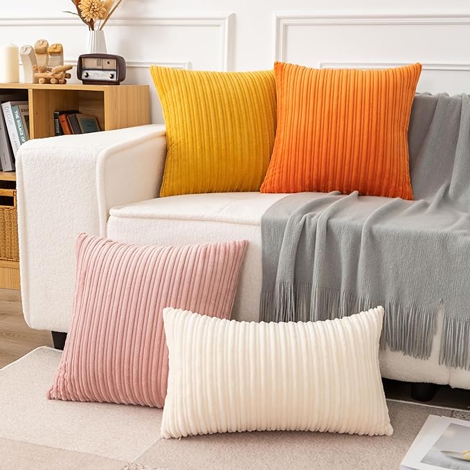 UGASA Pack of 2, Velvet Pillow Covers Striped, Soft Textured Throw Cushion Case Set, Accent Corduroy Lumbar Pillowcases with Hidden Zipper for Home Decor Indoor Outdoor (12"x20", Primrose Yellow)