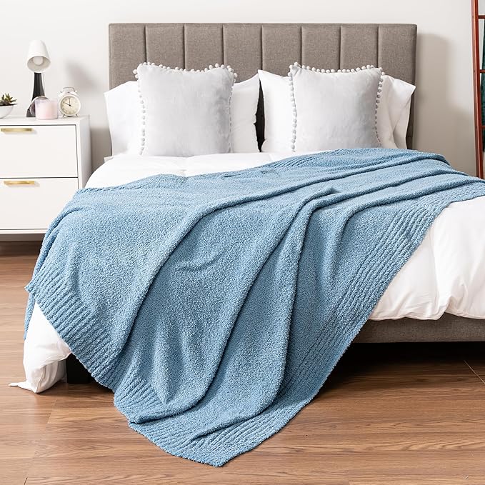 PAVILIA Super Soft Throw Blanket for Couch, Fluffy Cozy Lightweight Light Blue Blanket, Fuzzy Warm Knit Blanket for Bed Sofa, Slate Blue, 50x60