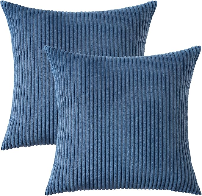 Mecatny Corduroy Decorative Throw Pillow Covers 16x16 Set of 2 for Sofa Living Room, Soft Neutral Boho Couch Pillow Covers for Home Decor, Navy Blue