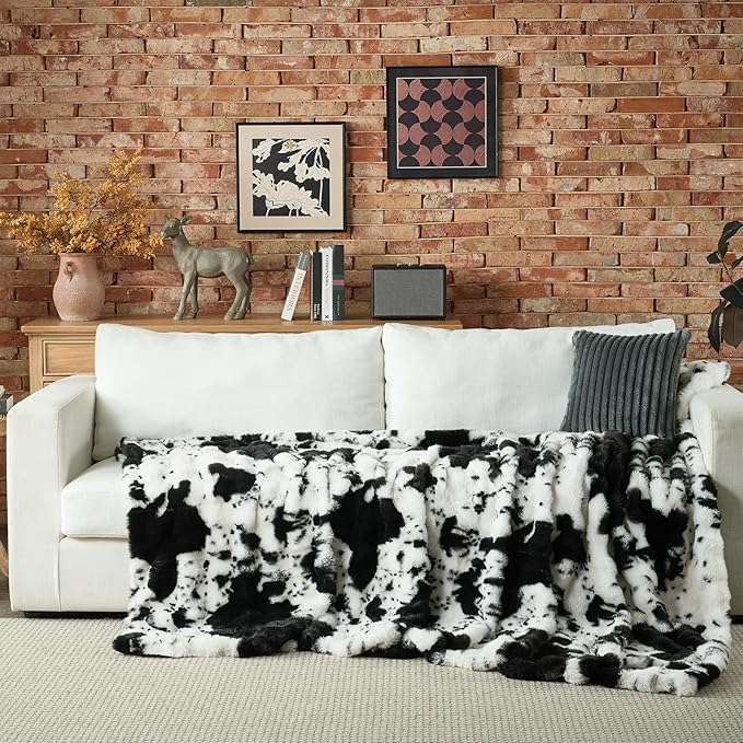 Lotus Karen Faux Fur Throw Blanket Cow Print-Black, Fluffy Fuzzy Plush Bubble Blanket for Couch, 80x60 Inches Cozy Shaggy Rabbit Blanket, Luxury Decorative Gifts for Sofa Bedroom Living Room.