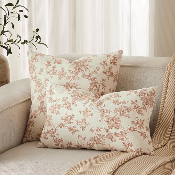 100% Cotton French Pastoral Throw Pillow Covers Set of 2, 24x24 Inch Terracotta Farmhouse Decorative Cushion Covers for Sofa Bed Living Room Home Decor