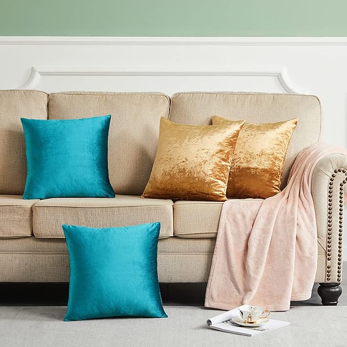 GIGIZAZA Velvet Pillow Covers 16x16,Gold Teal Soft Throw Pillow Covers Set of 4 Square Decorative Modern Pillows Covers for Living Room