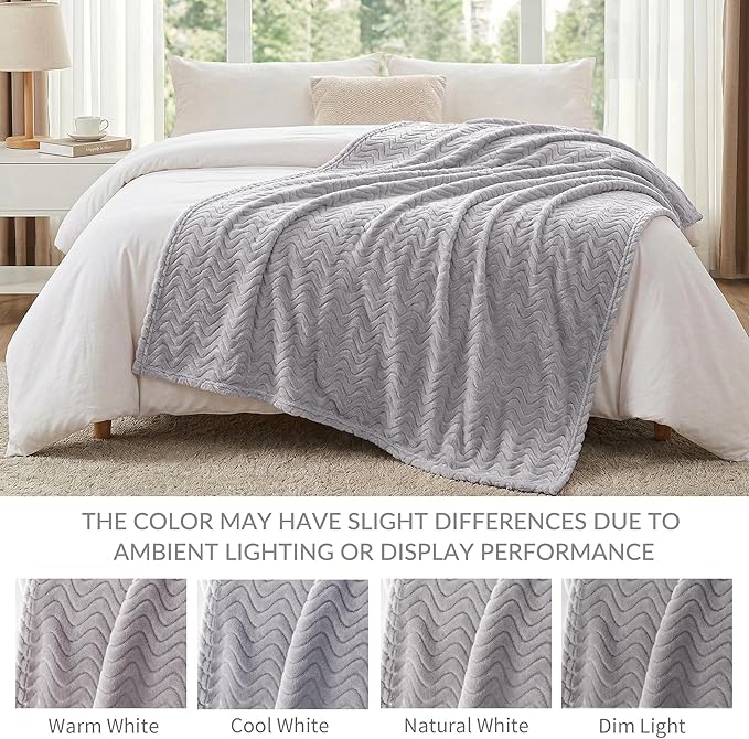 Exclusivo Mezcla Fleece Throw Blanket for Couch, Cozy Lightweight Blankets for All Season, Decorative Giftable Fuzzy Plush Wave Textured Throws for Women, Men, Light Grey, 50x70 Inches