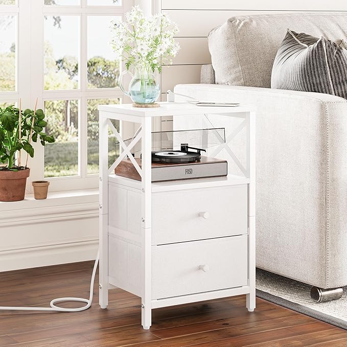Nightstand Set of 2, Nightstands with Charging Station, Small Bedside Table with Storage Shelf, End Table with USB Ports & Outlets, with Fabric Drawers, for Couch, Bedroom(White) LET105W-2