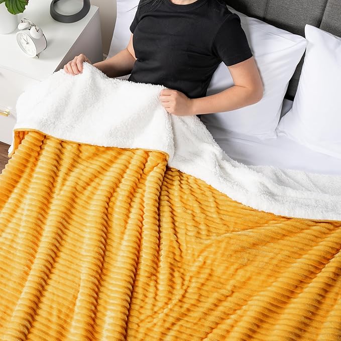 PAVILIA Mustard Yellow Sherpa Fleece Throw Blanket for Couch, Soft Plush Fuzzy Blankets, Fluffy Flannel Sherpa Blanket for Sofa, Warm 3D Ribbed Winter Blanket Gift, 50x60 inches