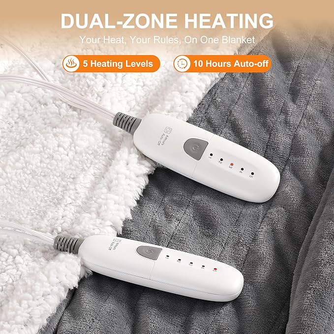 Heated Blanket King Size Electric Blanket 100''X90'' - Fast Heating Blanket Ultra Soft Sherpa, Dual Controllers with 5 Heat Levels & 10 Hrs Timer, Machine Washable Queen Heated Blanket(Gray)