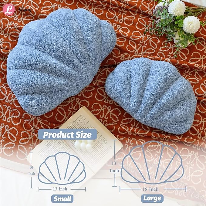 Lfsaaj Seashell Throw Pillows, Shell Shaped Throw Pillows, 18 Inch Soft Home Decorative Pillow Plush Cushion for Bed Couch Living Sofa Room Decor Accent Throw Pillow (Dusty Blue 18Inch)