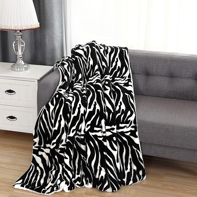 Elegant Comfort Luxury Ultra-Plush Velvet Touch Fleece Throw Soft, Sherpa-Backing Reversible Blanket for Bed, Sofa and Couch, (50 x 60"), Zebra