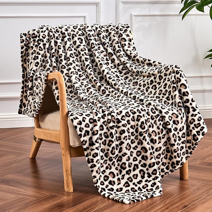 Leopard Print Blanket Fleece Throw for Bed Sofa Travel and Camping, Super Soft Cozy Fluffy Plush Cheetah Print Blanket for All Seasons 50"x60" (Cream)