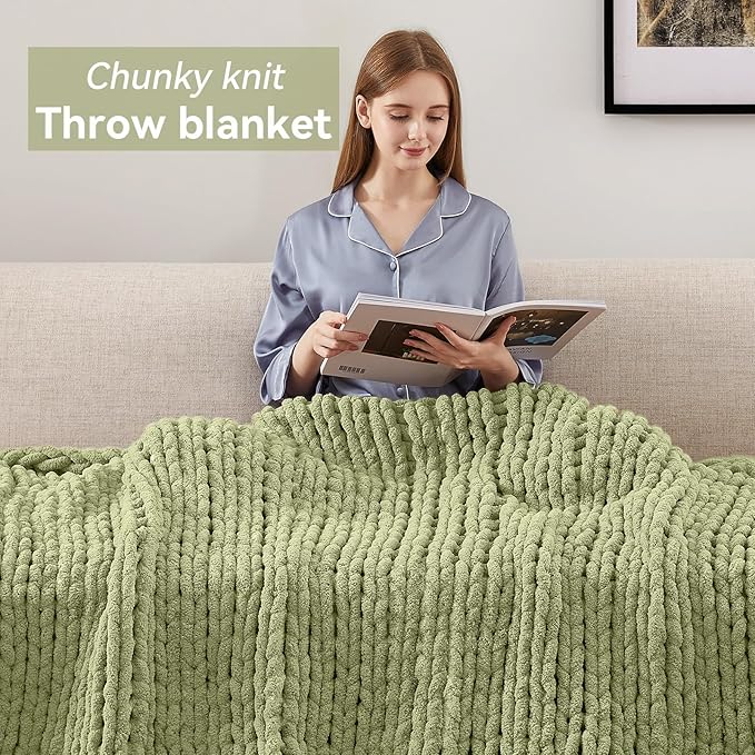 Chunky Knit Throw Blanket, 80''*90'' Knitted Throw Chenille Yarn for Bed Couch, Handmade Light Green Crochet Big Thick Blanket, Machine Washable Cute Comfy Blanket for Home Decor