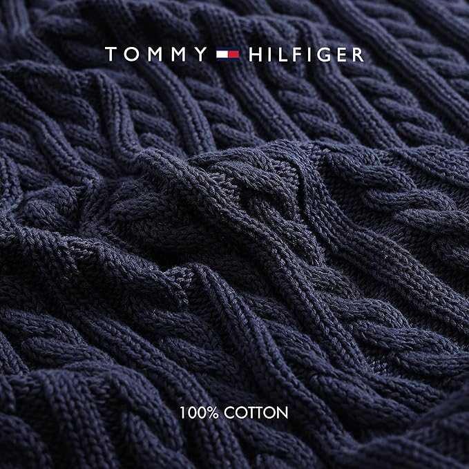 Tommy Hilfiger - Blanket, Ultra-Soft Cable Knit Throw Blanket for Bed or Couch, Lightweight Bedding with a Soft Textured Feel & Iconic Flag Logo (Blue, 50" x 70")