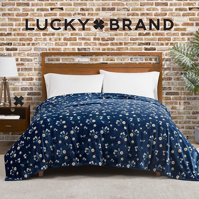 Lucky Brand Daisy Navy Blue Floral 90"X90" Cozy Plush Blanket - Premium Microfiber Throw for Luxurious Comfort and Style Full/Queen Size