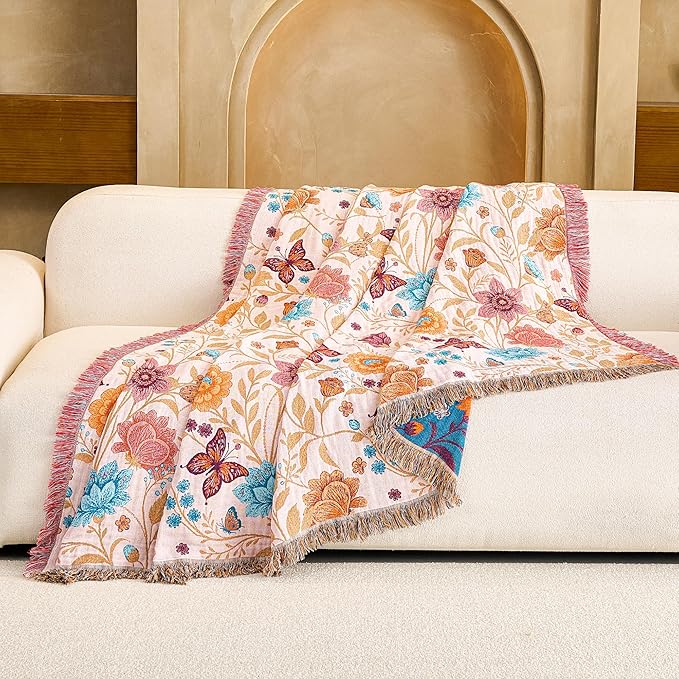 Boho Throw Blanket, 100% Organic Cotton Breathable Ultra Soft 50" x 60" Bed Quilt Throw - All Season Floral Rustic Farmhouse Decor Luxury Reversible Blanket for Sofa Couch Chair and Gift