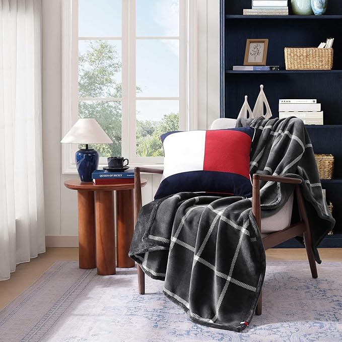 Tommy Hilfiger - Blanket, Ultra-Soft Plush Throw Blanket for Bed or Couch, Cozy Bedding with Solid Reverse & Tailored Hem, Medium Weight for Year Round Comfort (Dumbo Windowpane Grey, 50" x 70")