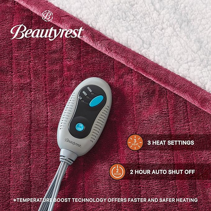 Beautyrest Heated Blanket, Eletric Throw Blanket, Soft, Warm, Reversible Plush - Sherpa Heating Blanket Throw for Office, Couch, 3 Heat Settings, 2 hr Auto Shut Off, Machine Washable, 50 x 60 Red