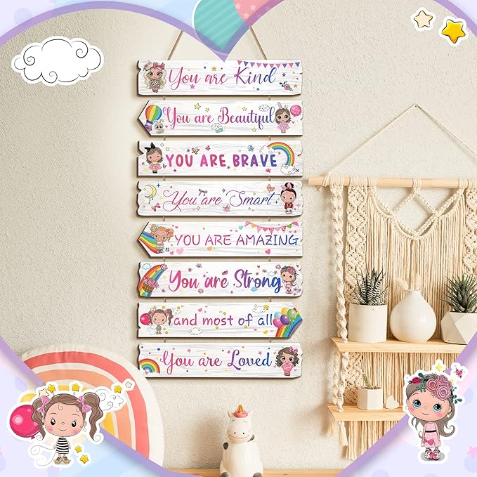 Inspirational Girl Room Decor Aesthetic Art Wall Hanging Sign Inspiring Colorful Rainbow Wooden Decoration for Kids Teens Toddler Boy Baby Bedroom Nursery Dorm Decor, 6-12 Years old (Doll)