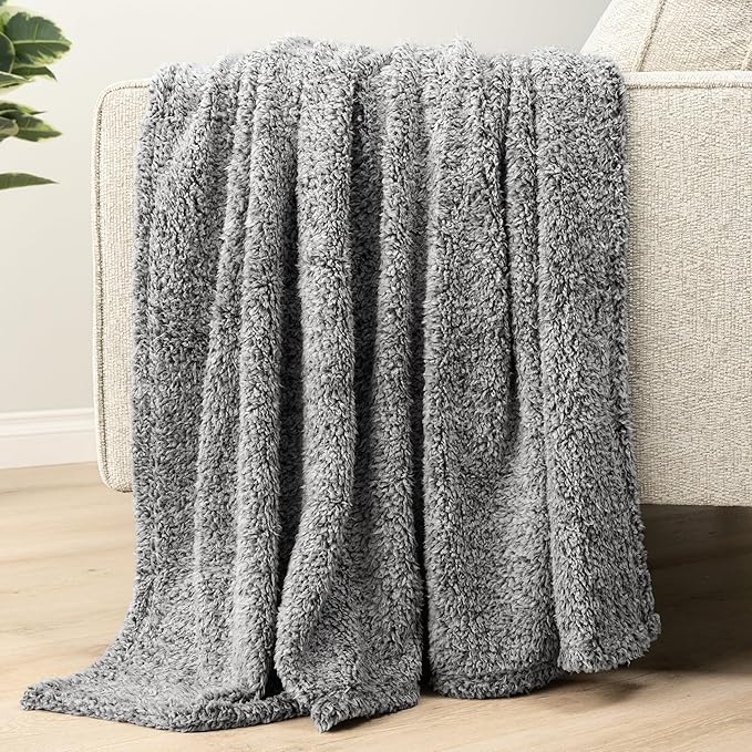 PAVILIA Sherpa Throw Blanket for Couch Sofa, Heather Grey Fluffy Warm Plush Blanket for Twin Bed, Cozy Super Soft Lightweight Throw, Fuzzy Decorative Blanket, All Season Home, 60x80