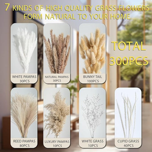 300PCS Natural Pampas Grass Decor Bouquet | Boho Dried Floral Arrangement Centerpiece Table Decor Wedding Decor Rustic Decor (300PCS)