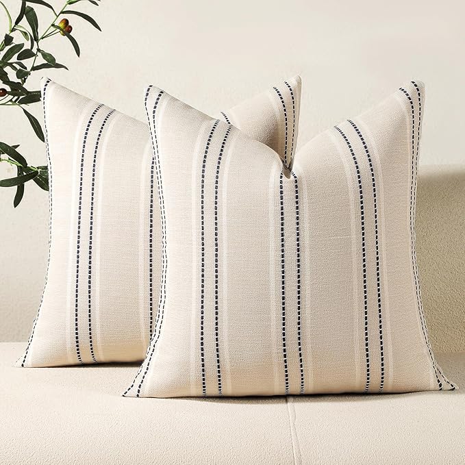 Hckot Navy Blue Throw Pillow Covers 24x24 Set of 2 Striped Pillow Covers Textured Linen Decorative Pillows Square Cushion Covers for Sofa Couch Bed Living Room Farmhouse Decor