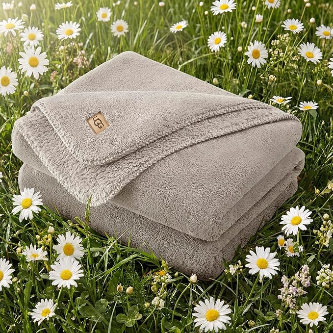 UGG Whitecap Fleece Throw Blanket, Soft Fluffy Blankets for Couch or Bed, Home Decor, Luxury Plush Throw, Machine Washable, 50-inch x 70-inch, Light Grey Seal